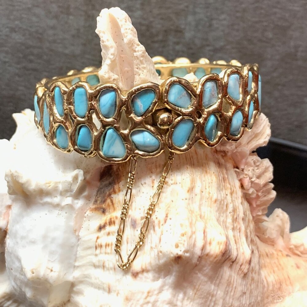 Rough Cut Turquoise Gold Over Sterling Silver Vintage Hinged Bangle Bracelet J79